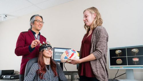 Tom Chau with Students in his lab testing neural sensory device