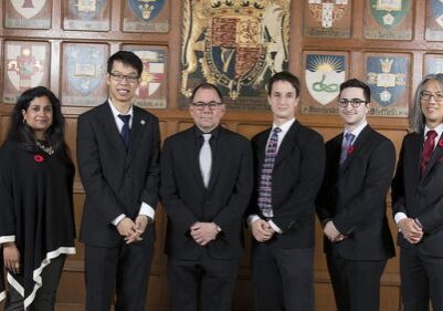 Professor Tom Chau, far right, pictured with alumni awardees from the Division of Engineering Science, including U of T electrical engineering professor Jonathan Rose (EngSci 8T0, centre left), and the current chair of the Division, Professor Deepa Kundur (far left).